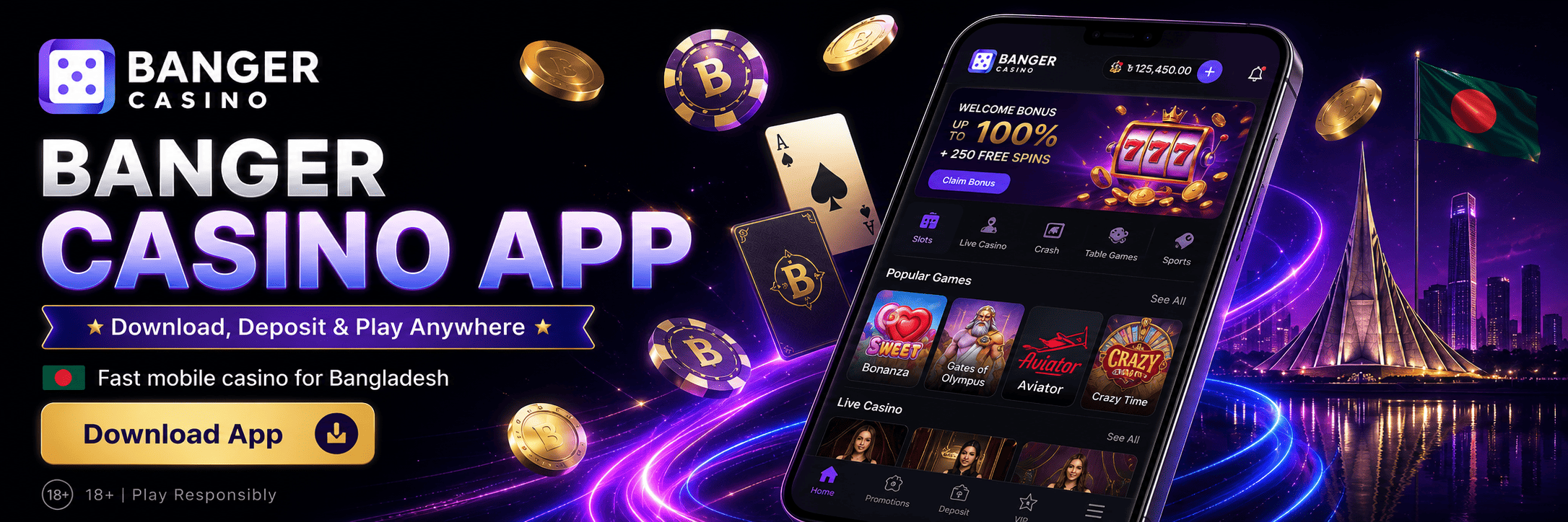 Banger Casino অ্যাপ – ডাউনলোড করুন, ডিপোজিট করুন এবং যেকোনো জায়গায় খেলুন